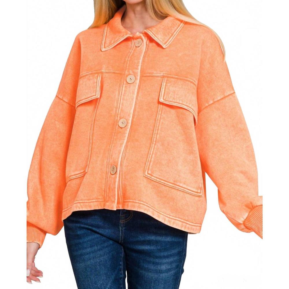 NEW ZENANA acid wash fleece cropped shacket with front pockets in light orange